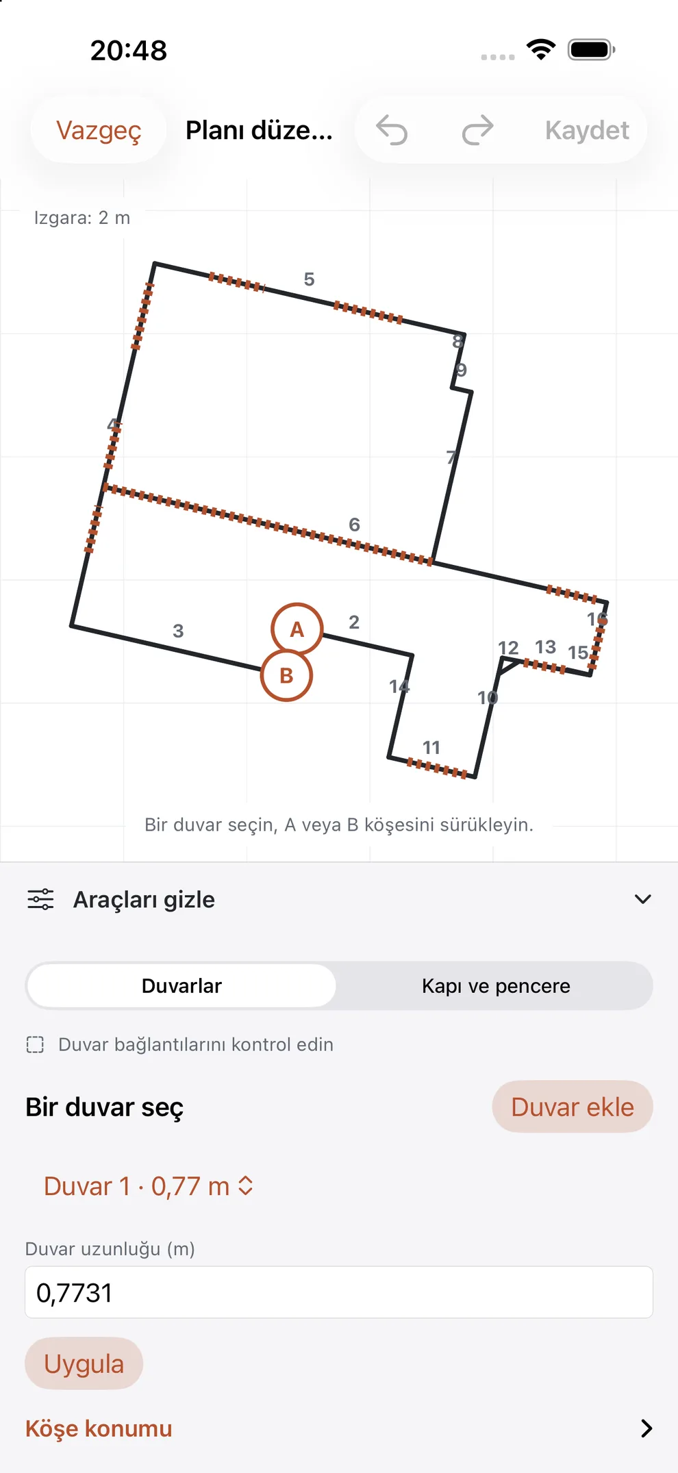 iPhone'da SpaceCraft'ın tam ekran plan editörü