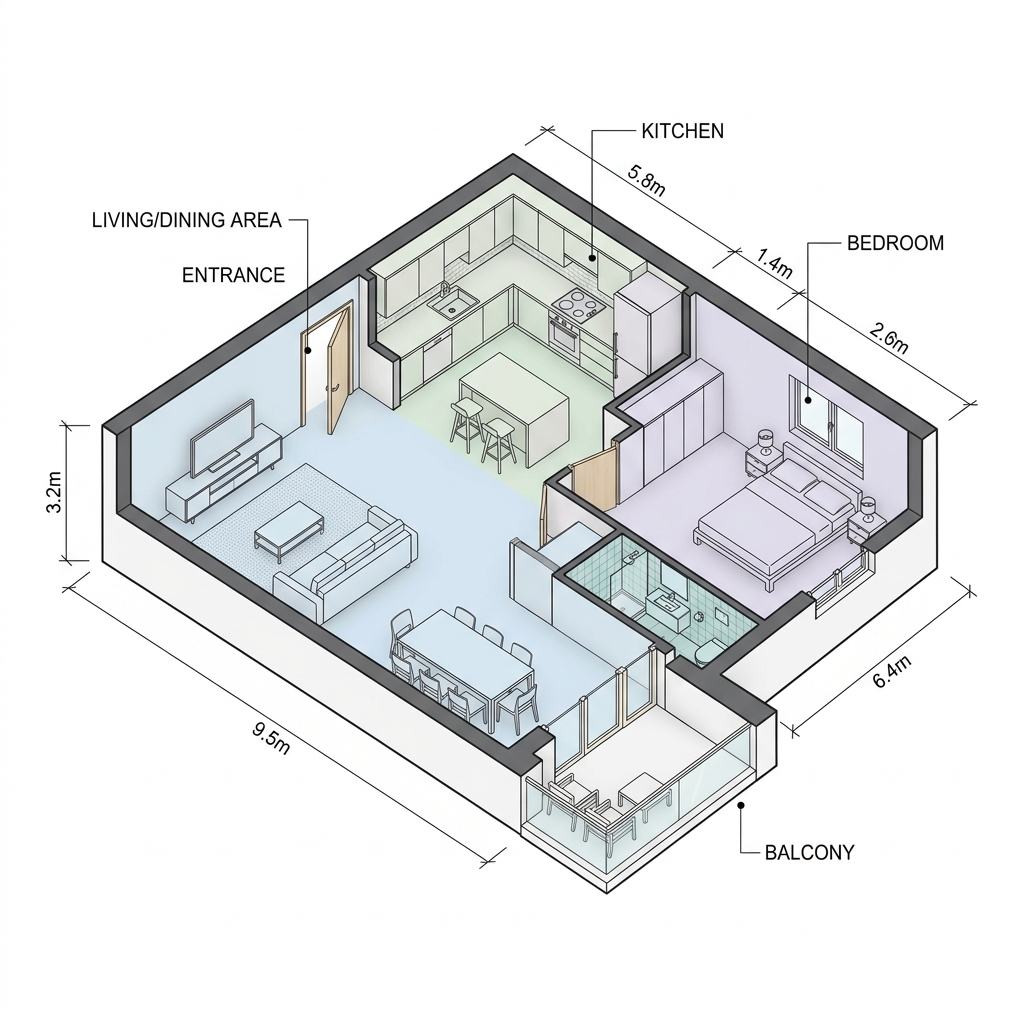 Isometric floor plan with labeled rooms and dimension lines